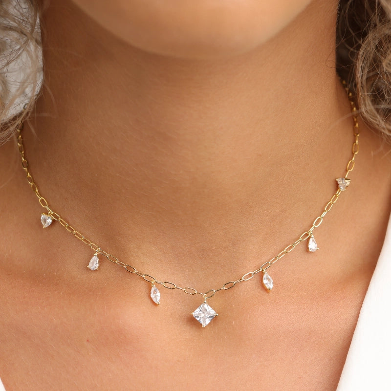 שרשרת כסף JETEM צ'וקר תליוני טיפות משולב עם תליון ריבוע