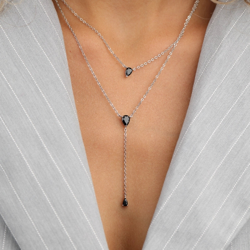 שרשרת כסף 925 כפולה עם תליוני טיפה שחורים