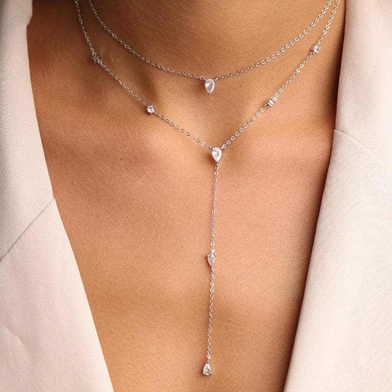 שרשרת כסף 925 כפולה בסגנון עניבה עם שיבוץ אבני זירקון