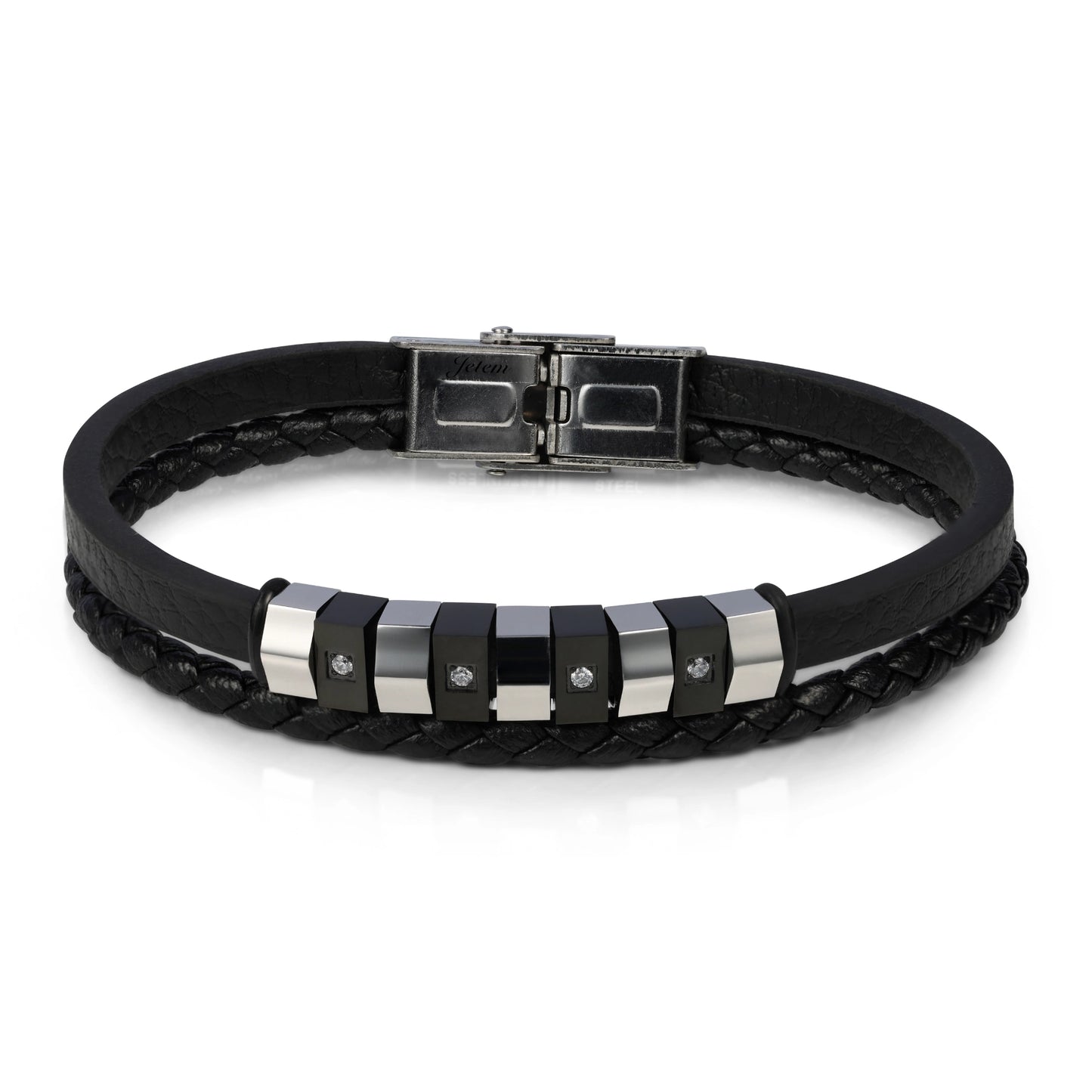 צמיד עור לגבר מבית JETEM עם קוביות מתכת משובצות זרקון