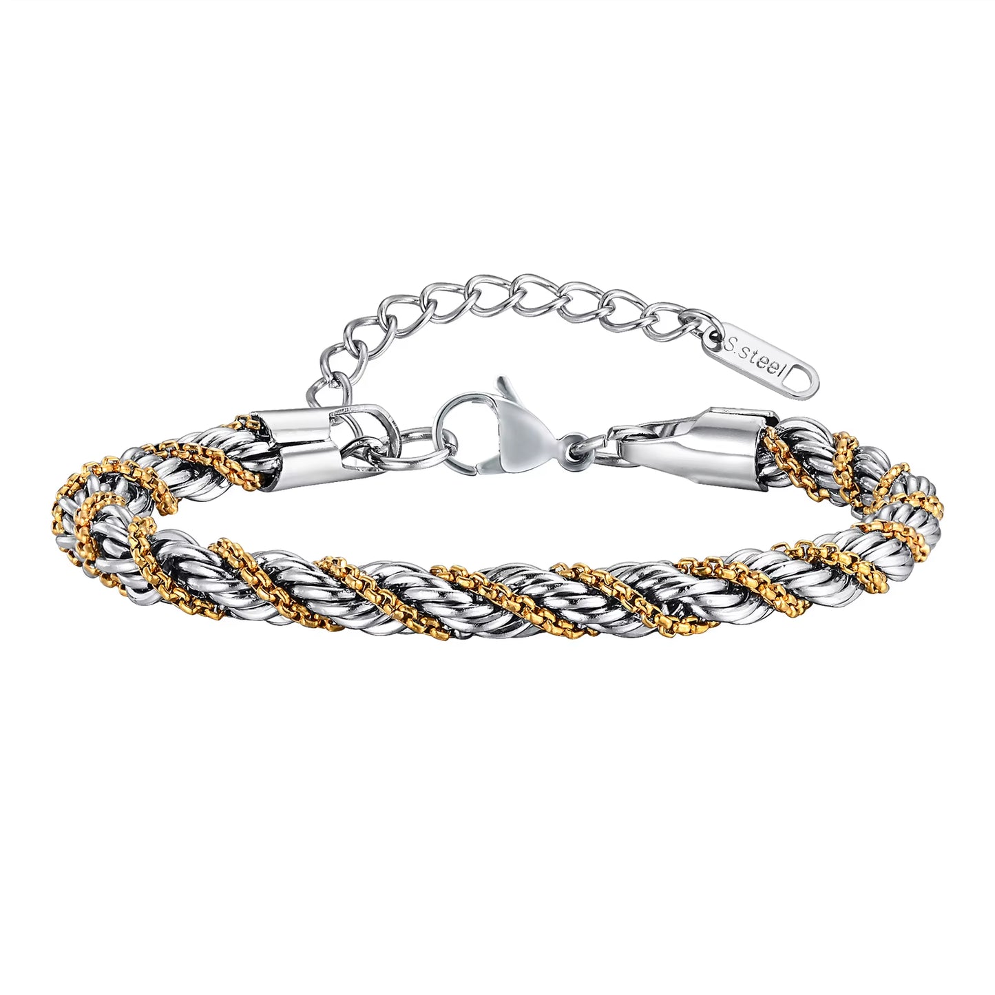 Vnox Silver Color Twisted Rope Chain Bracelets for Men Women, Unisex Black Beads Link Chain Braelet, Stitching 2 Tones Wristband
