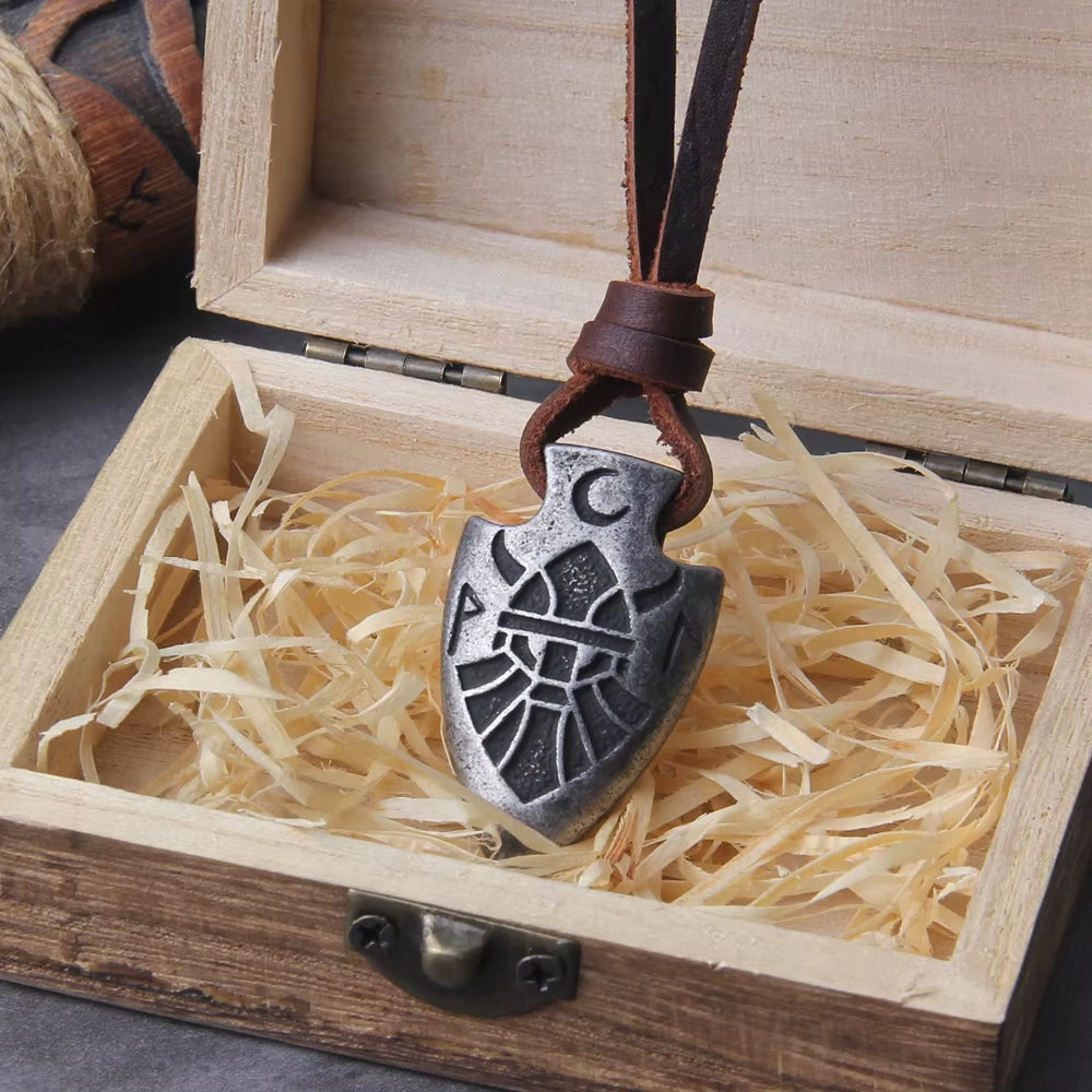 Stainless Steel Viking Dragon Spear Pendant Necklace with Really Cow Leather Chain as Men Gift with Wooden Box as Gift