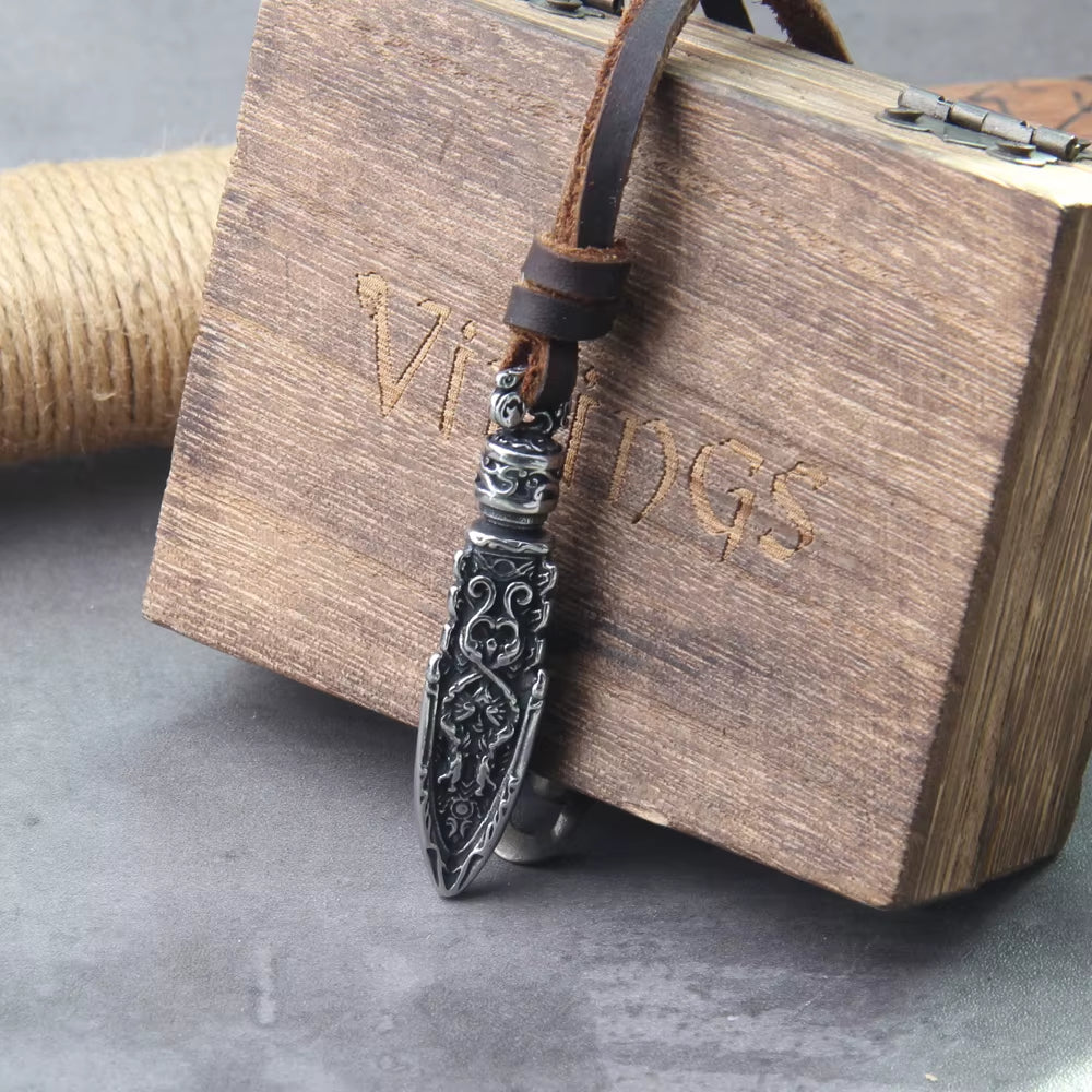 Stainless Steel Viking Dragon Spear Pendant Necklace with Really Cow Leather Chain as Men Gift with Wooden Box as Gift