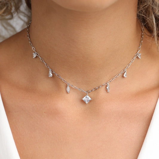 שרשרת כסף JETEM צ'וקר תליוני טיפות משולב עם תליון ריבוע