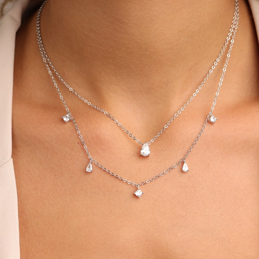 שרשרת כסף JETEM 2 שורות , שורה אחת עם תליוני טיפות קטנים שורה שניה עם תליון טיפה