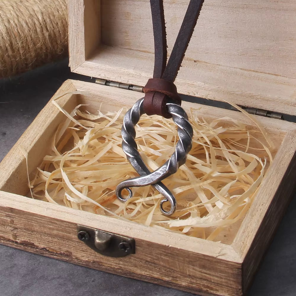 Stainless Steel Iron Color Viking Odin Rune Pendant Necklace with Really Leather Chain as Men Gift with Wooden Box
