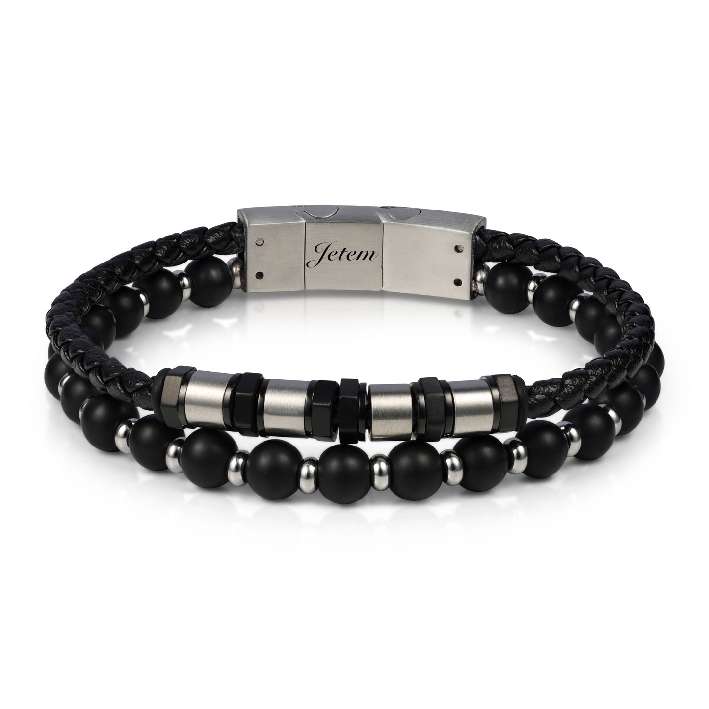 צמיד גבר משולב עור וחרוזי סטיל בגווני שחור וזהב - JETEM