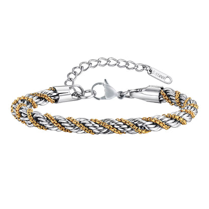 Vnox Silver Color Twisted Rope Chain Bracelets for Men Women, Unisex Black Beads Link Chain Braelet, Stitching 2 Tones Wristband
