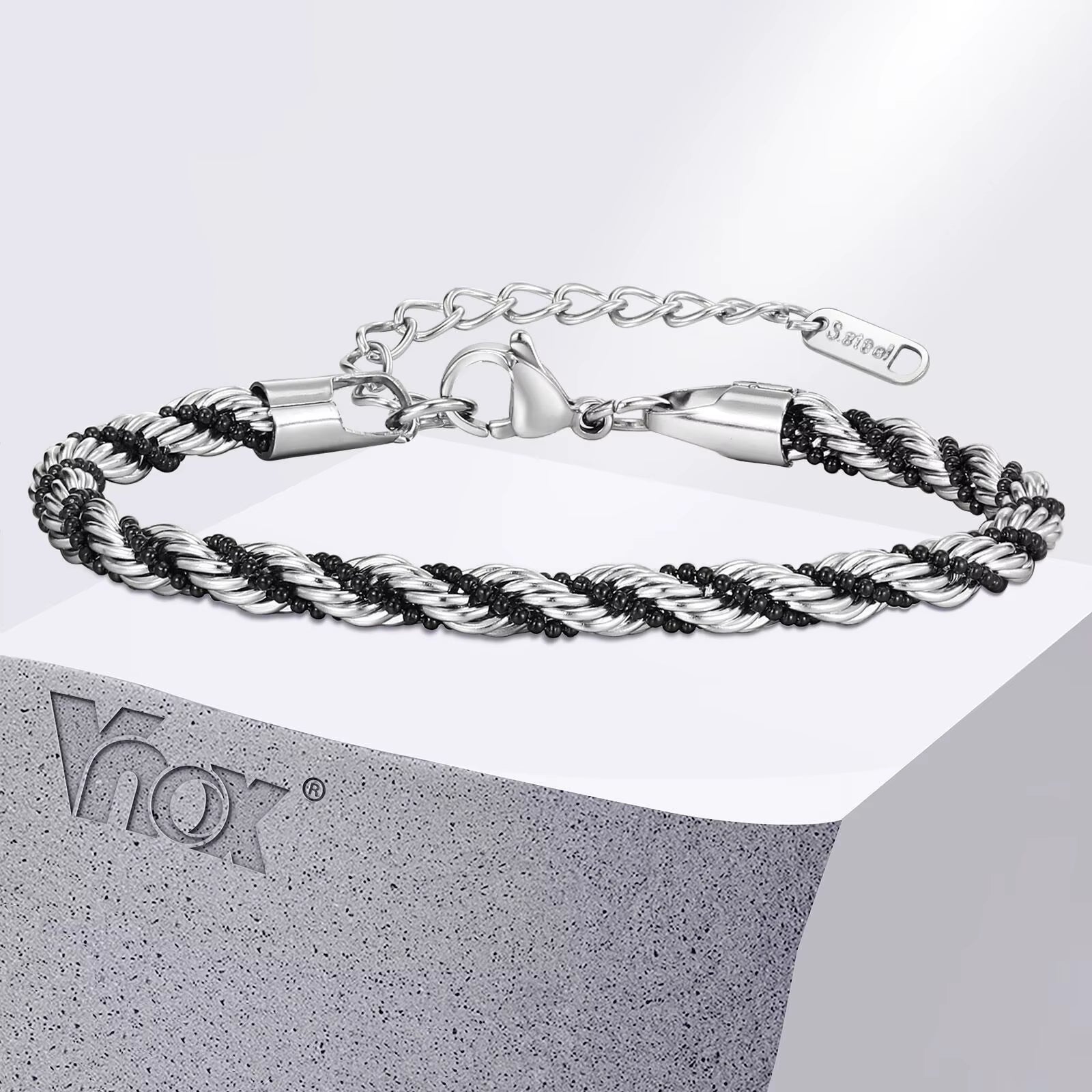 Vnox Silver Color Twisted Rope Chain Bracelets for Men Women, Unisex Black Beads Link Chain Braelet, Stitching 2 Tones Wristband