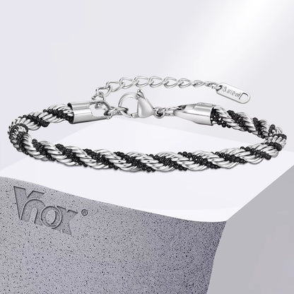 Vnox Silver Color Twisted Rope Chain Bracelets for Men Women, Unisex Black Beads Link Chain Braelet, Stitching 2 Tones Wristband
