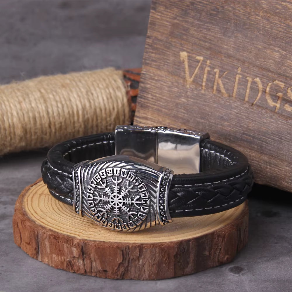 316L Stainless Steel Viking Vegvisir Compass Pendants Bangle Nose Runes Men Jewelry Odin Symbol Leather Bracelet