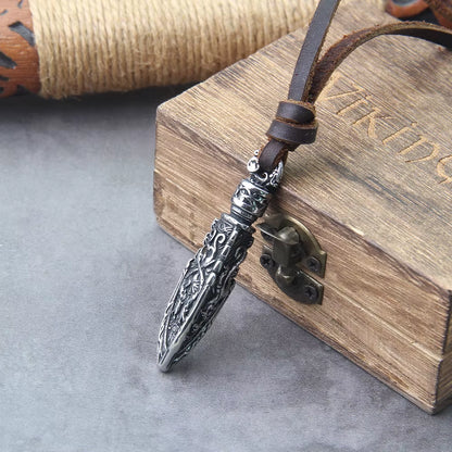 Stainless Steel Viking Dragon Spear Pendant Necklace with Really Cow Leather Chain as Men Gift with Wooden Box as Gift