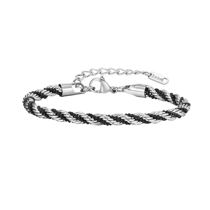 Vnox Silver Color Twisted Rope Chain Bracelets for Men Women, Unisex Black Beads Link Chain Braelet, Stitching 2 Tones Wristband