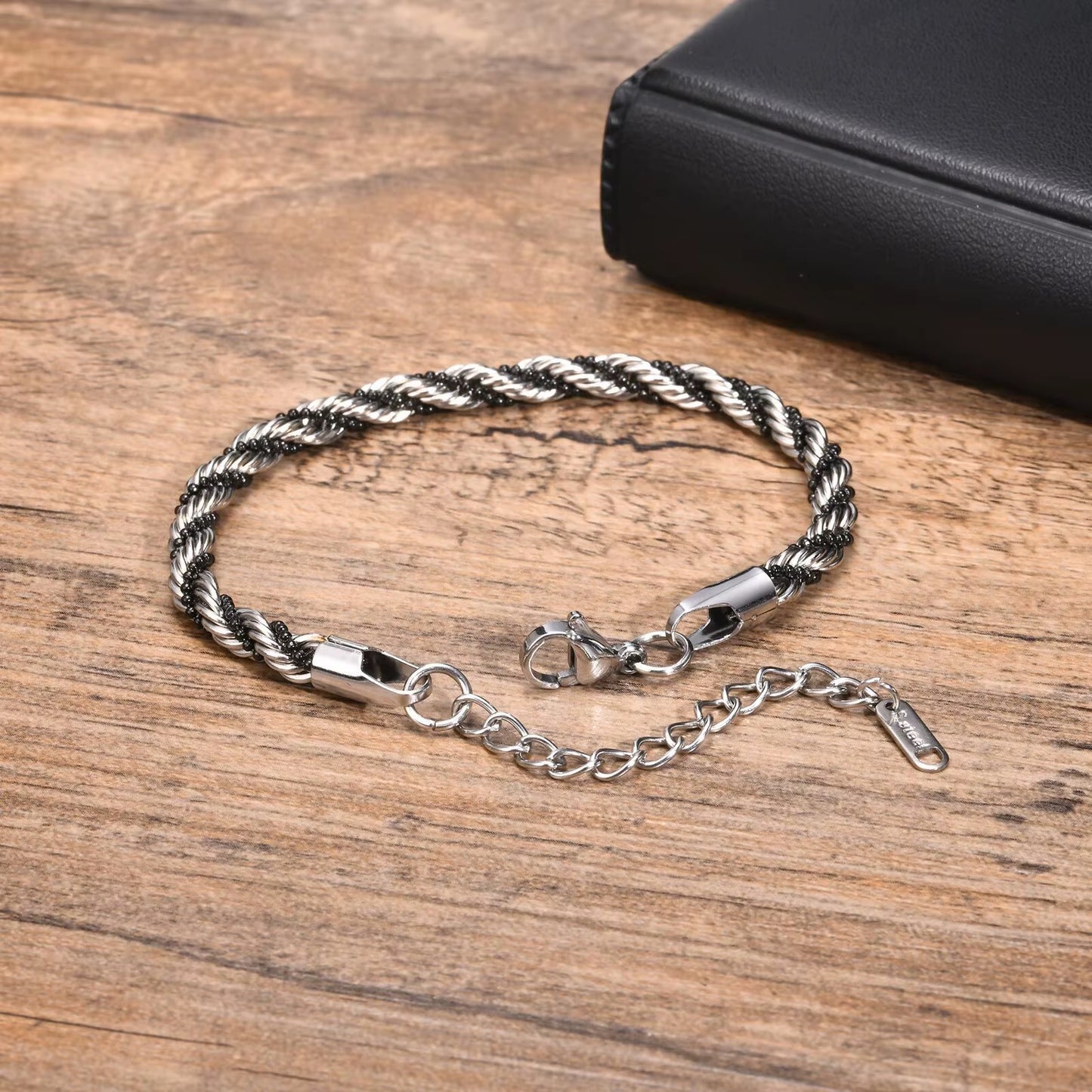Vnox Silver Color Twisted Rope Chain Bracelets for Men Women, Unisex Black Beads Link Chain Braelet, Stitching 2 Tones Wristband