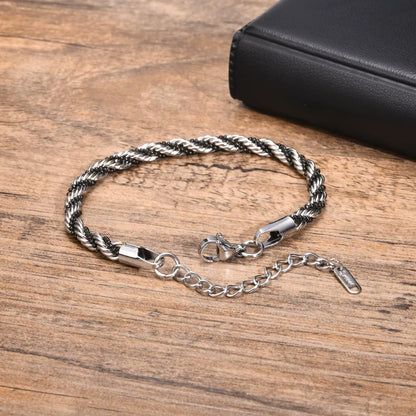 Vnox Silver Color Twisted Rope Chain Bracelets for Men Women, Unisex Black Beads Link Chain Braelet, Stitching 2 Tones Wristband