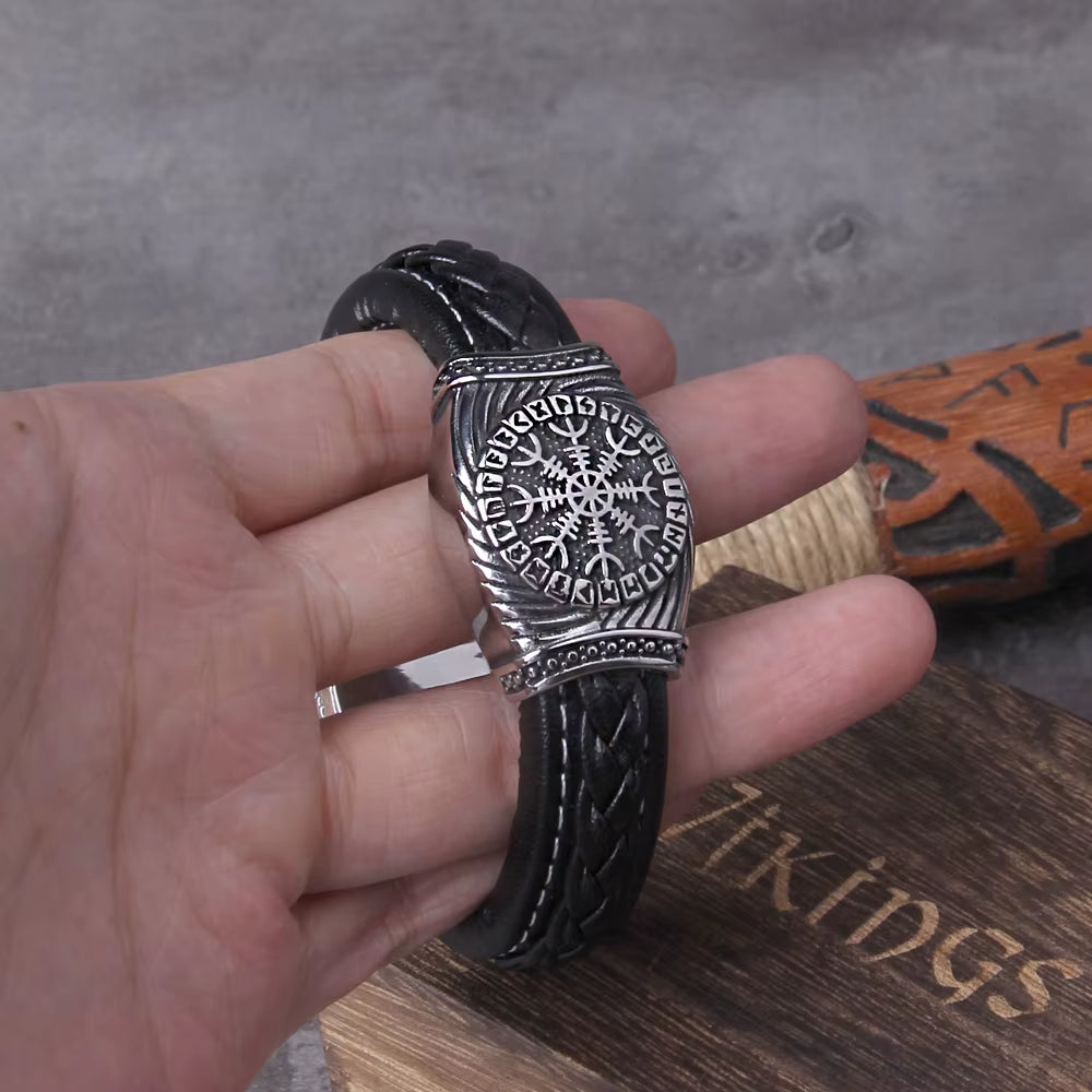 316L Stainless Steel Viking Vegvisir Compass Pendants Bangle Nose Runes Men Jewelry Odin Symbol Leather Bracelet