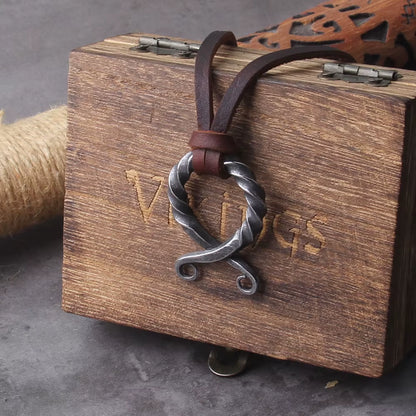 Stainless Steel Iron Color Viking Odin Rune Pendant Necklace with Really Leather Chain as Men Gift with Wooden Box