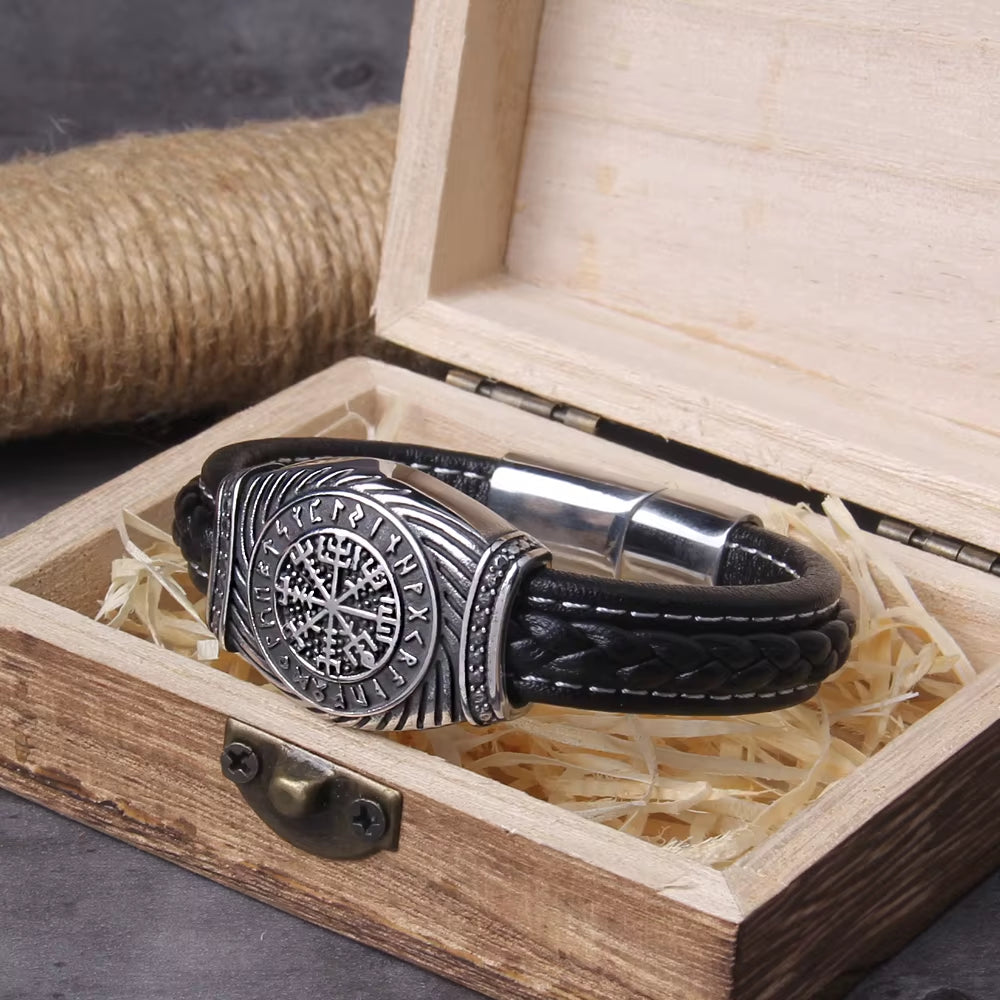 316L Stainless Steel Viking Vegvisir Compass Pendants Bangle Nose Runes Men Jewelry Odin Symbol Leather Bracelet