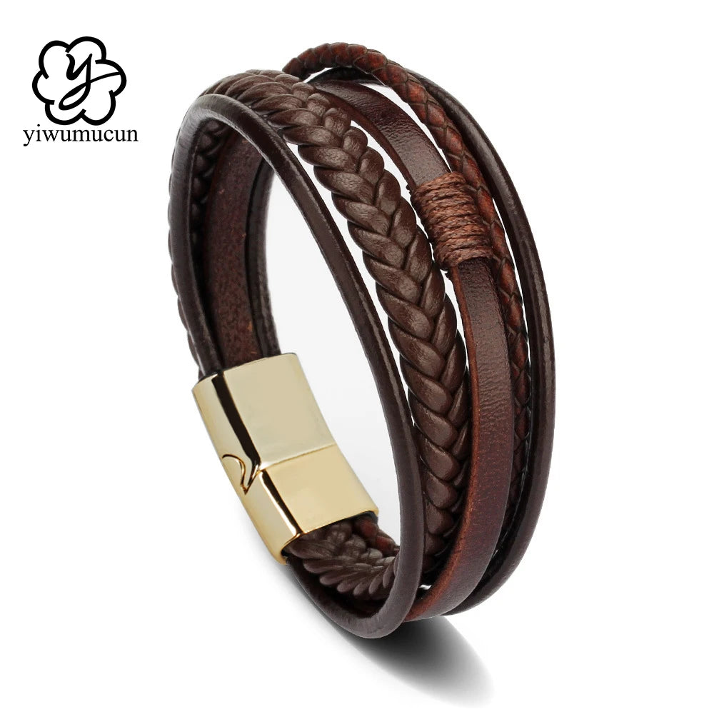 Trendy Leather Bracelets for Men Stainless Steel Bracelet 21CM Multilayer Braided Rope Bracelets for Male Jewelry Gifts