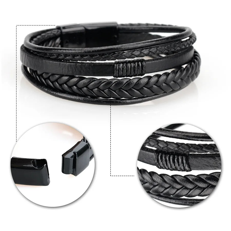 Trendy Leather Bracelets for Men Stainless Steel Bracelet 21CM Multilayer Braided Rope Bracelets for Male Jewelry Gifts