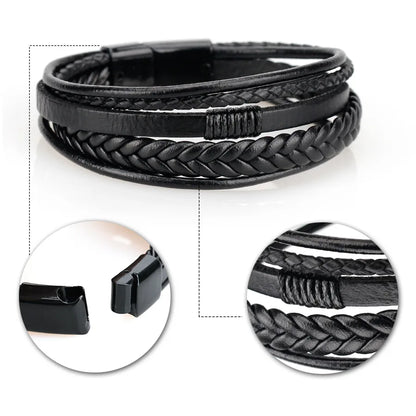 Trendy Leather Bracelets for Men Stainless Steel Bracelet 21CM Multilayer Braided Rope Bracelets for Male Jewelry Gifts