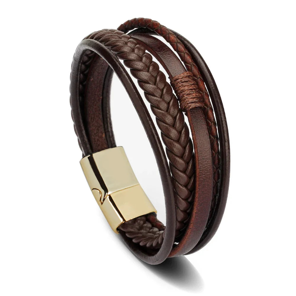 Trendy Leather Bracelets for Men Stainless Steel Bracelet 21CM Multilayer Braided Rope Bracelets for Male Jewelry Gifts