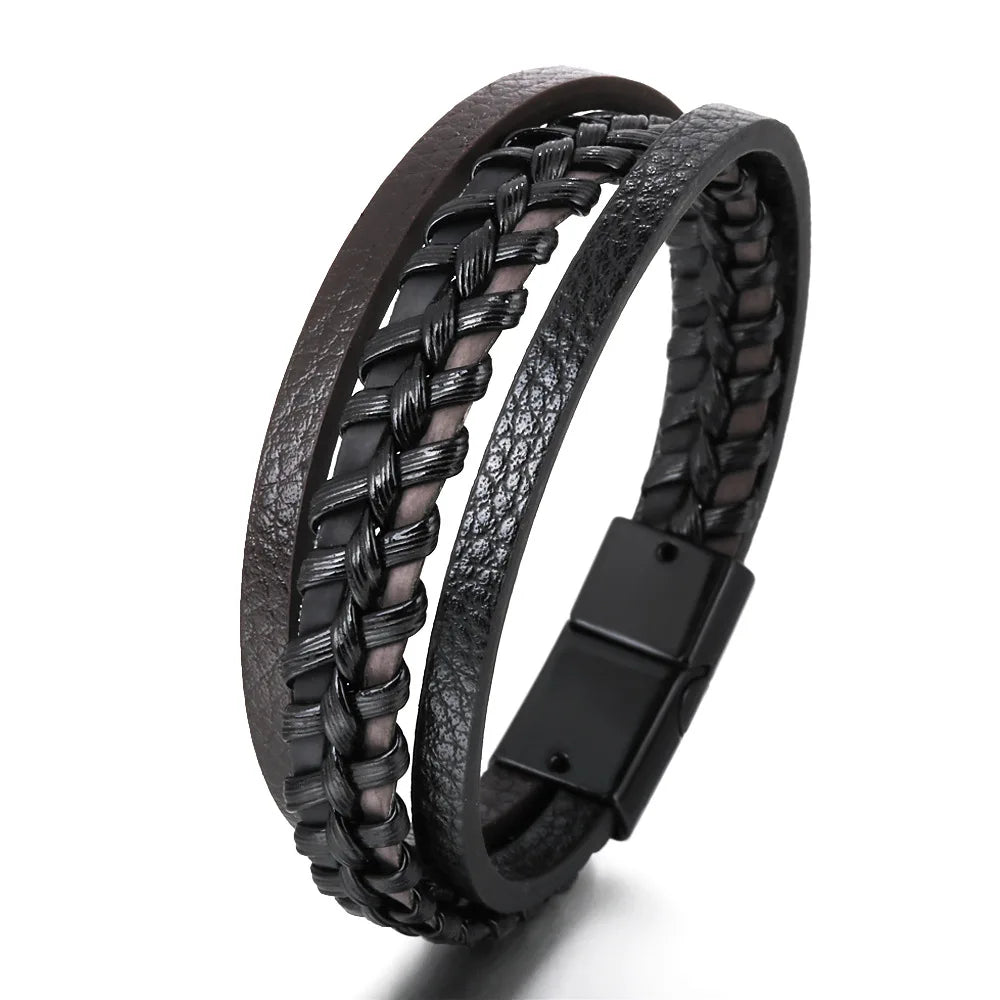 Trendy Leather Bracelets for Men Stainless Steel Bracelet 21CM Multilayer Braided Rope Bracelets for Male Jewelry Gifts