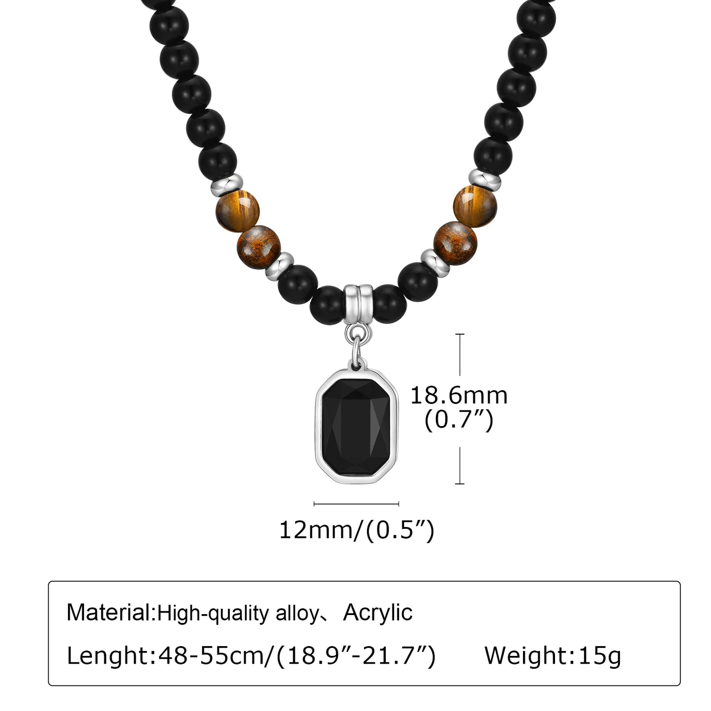 שרשרת מחרוזת חרוזים לגבר עם תליון אוניקס שחור כסוף