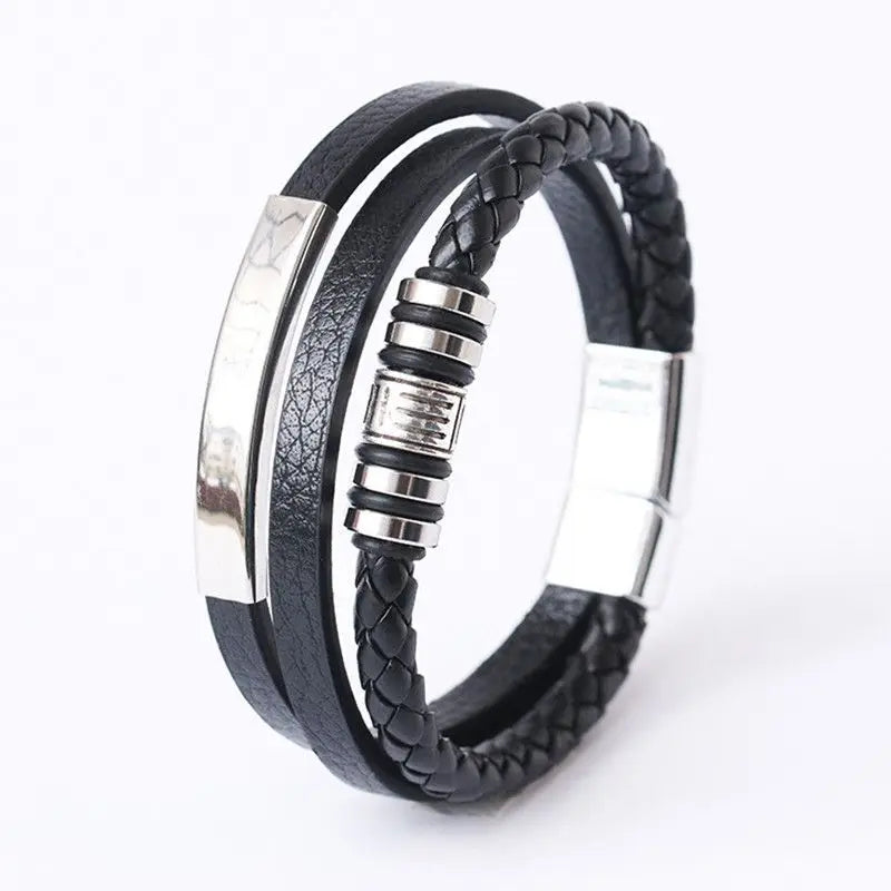 Trendy Leather Bracelets for Men Stainless Steel Bracelet 21CM Multilayer Braided Rope Bracelets for Male Jewelry Gifts