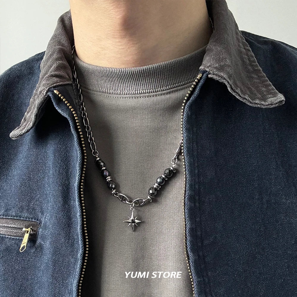 שרשרת כוכב אובסידיאן קלביקולה עם חרוזים 