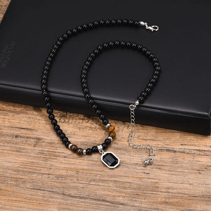 שרשרת מחרוזת חרוזים לגבר עם תליון אוניקס שחור כסוף