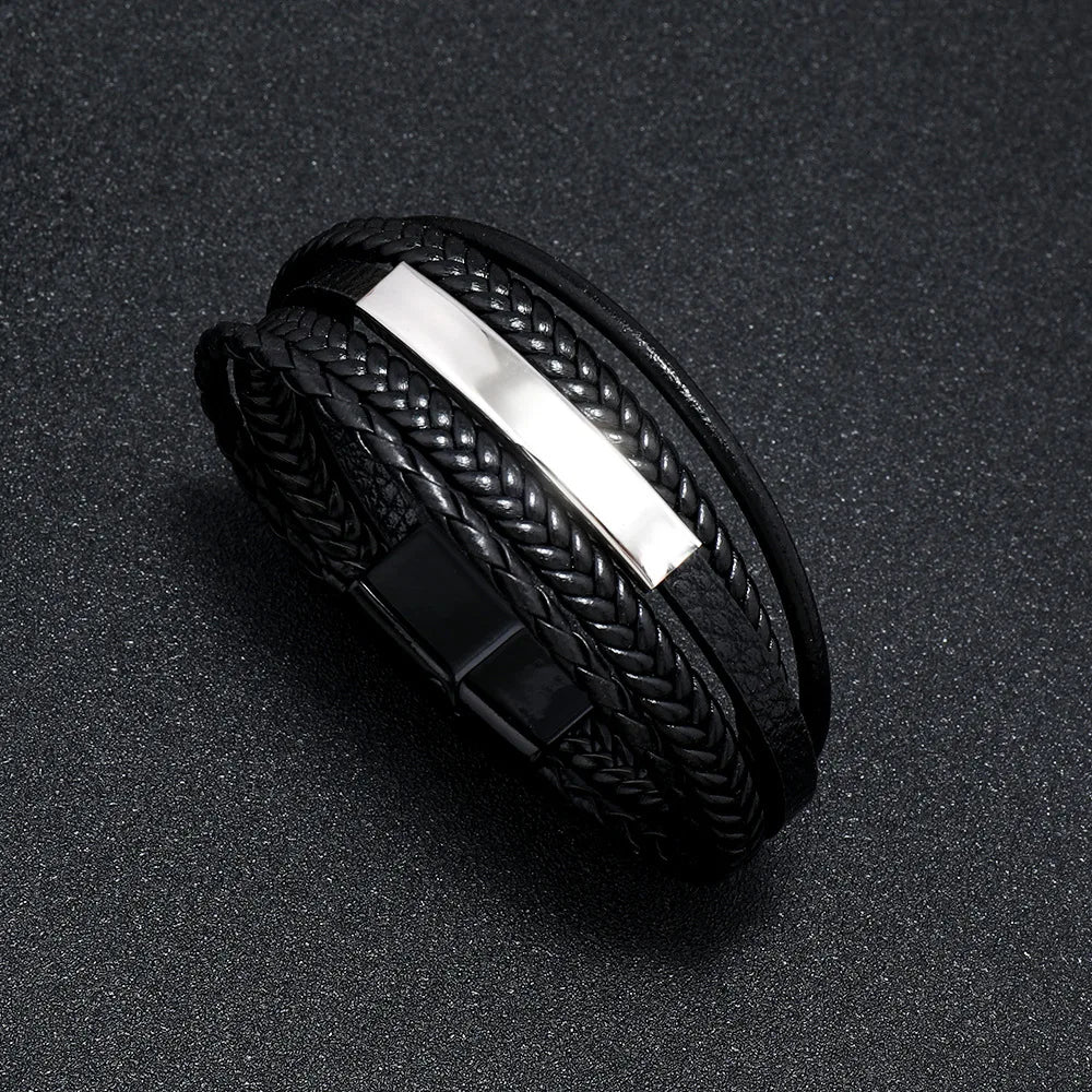 Trendy Leather Bracelets for Men Stainless Steel Bracelet 21CM Multilayer Braided Rope Bracelets for Male Jewelry Gifts