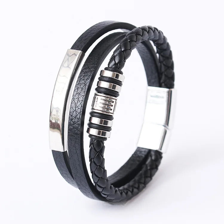 Trendy Leather Bracelets for Men Stainless Steel Bracelet 21CM Multilayer Braided Rope Bracelets for Male Jewelry Gifts