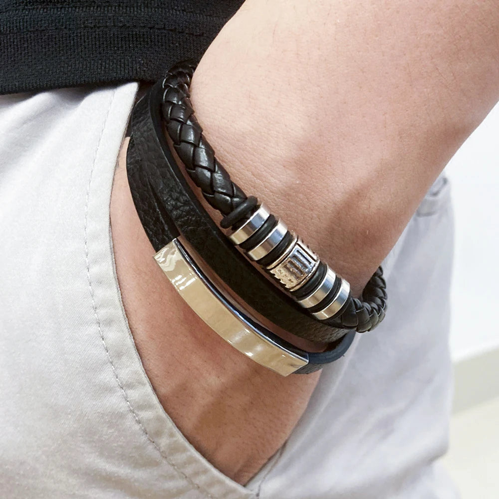 Trendy Leather Bracelets for Men Stainless Steel Bracelet 21CM Multilayer Braided Rope Bracelets for Male Jewelry Gifts