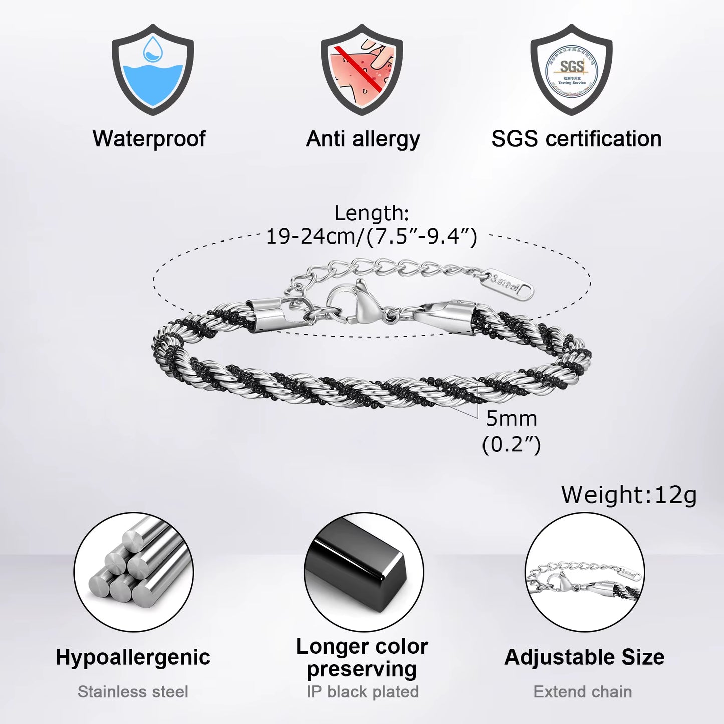 Vnox Silver Color Twisted Rope Chain Bracelets for Men Women, Unisex Black Beads Link Chain Braelet, Stitching 2 Tones Wristband