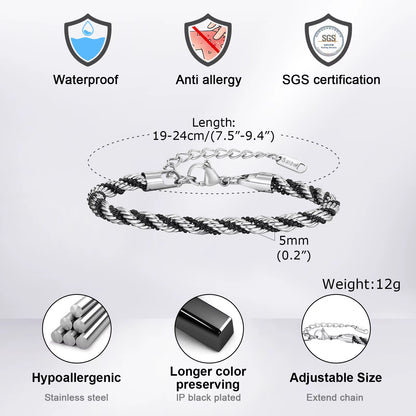 Vnox Silver Color Twisted Rope Chain Bracelets for Men Women, Unisex Black Beads Link Chain Braelet, Stitching 2 Tones Wristband