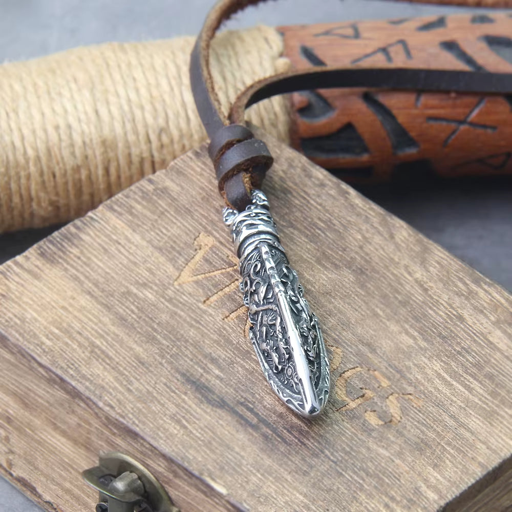 Stainless Steel Viking Dragon Spear Pendant Necklace with Really Cow Leather Chain as Men Gift with Wooden Box as Gift