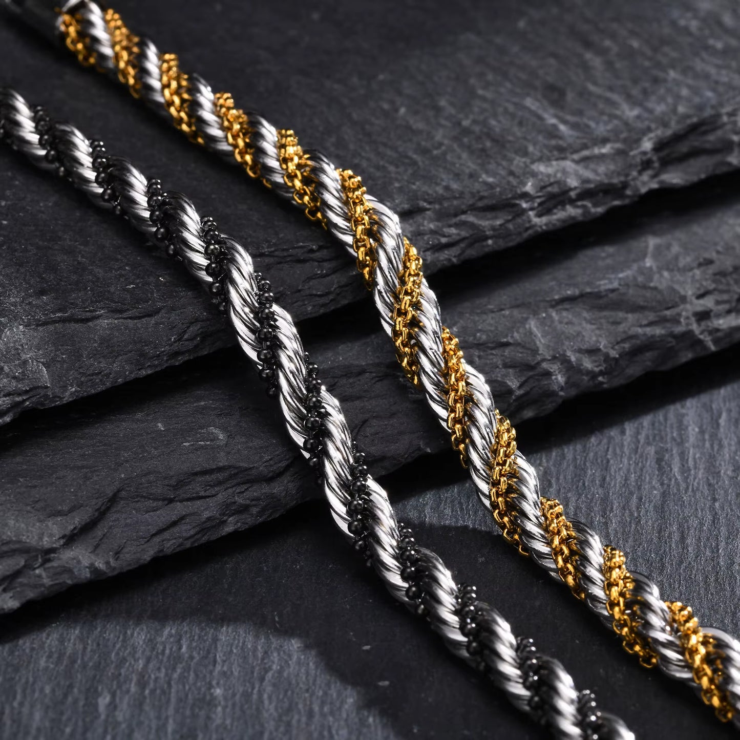 Vnox Silver Color Twisted Rope Chain Bracelets for Men Women, Unisex Black Beads Link Chain Braelet, Stitching 2 Tones Wristband