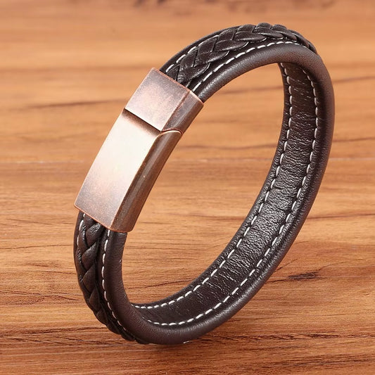 XQNI Trendy Grid Texture Bracelet Vintage Buckle Genuine Leather Bracelet for Homme Black/Rose Color Accessories Jewelry