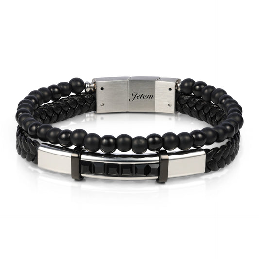 צמיד JETEM לגבר שילוב עור וחרוזים בשחור בעיצוב מודרני