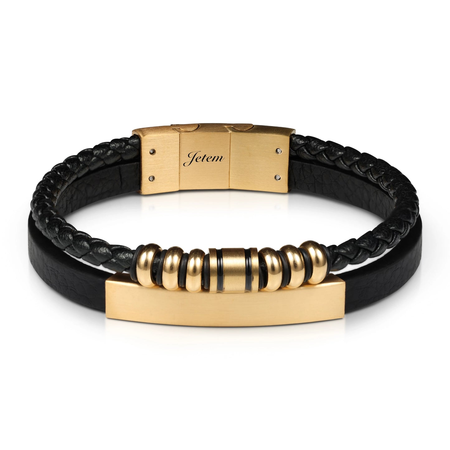 צמיד JETEM לגבר עם רצועות עור וחרוזי מתכת בעיצוב יוקרתי