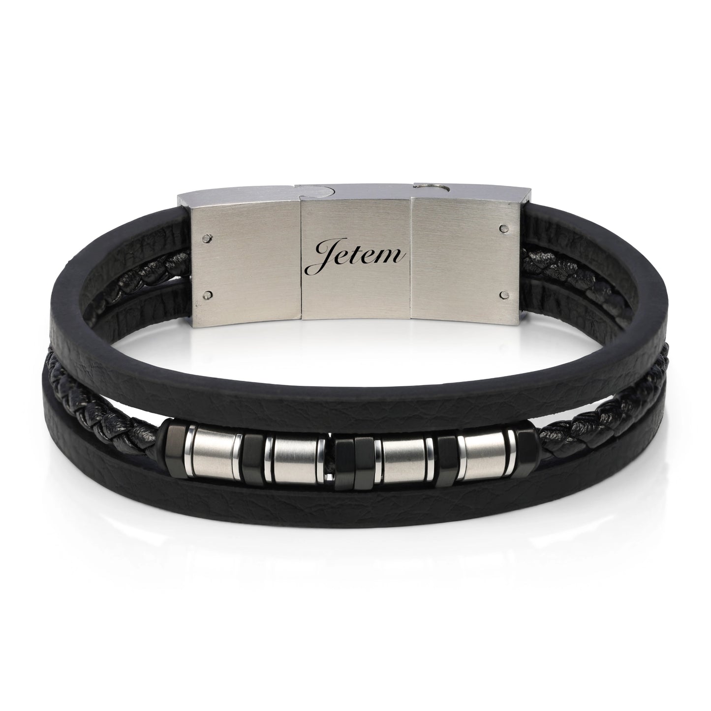 צמיד JETEM לגבר בעיצוב יוקרתי עם רצועות עור שחור וחרוזי סטיל