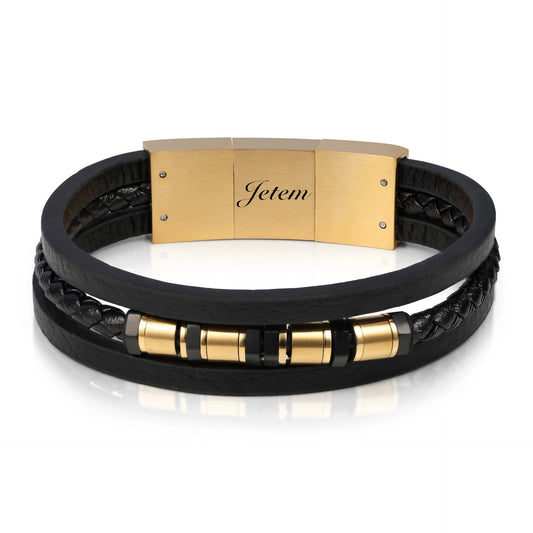 צמיד JETEM לגבר בעיצוב יוקרתי עם רצועות עור שחור וחרוזי סטיל