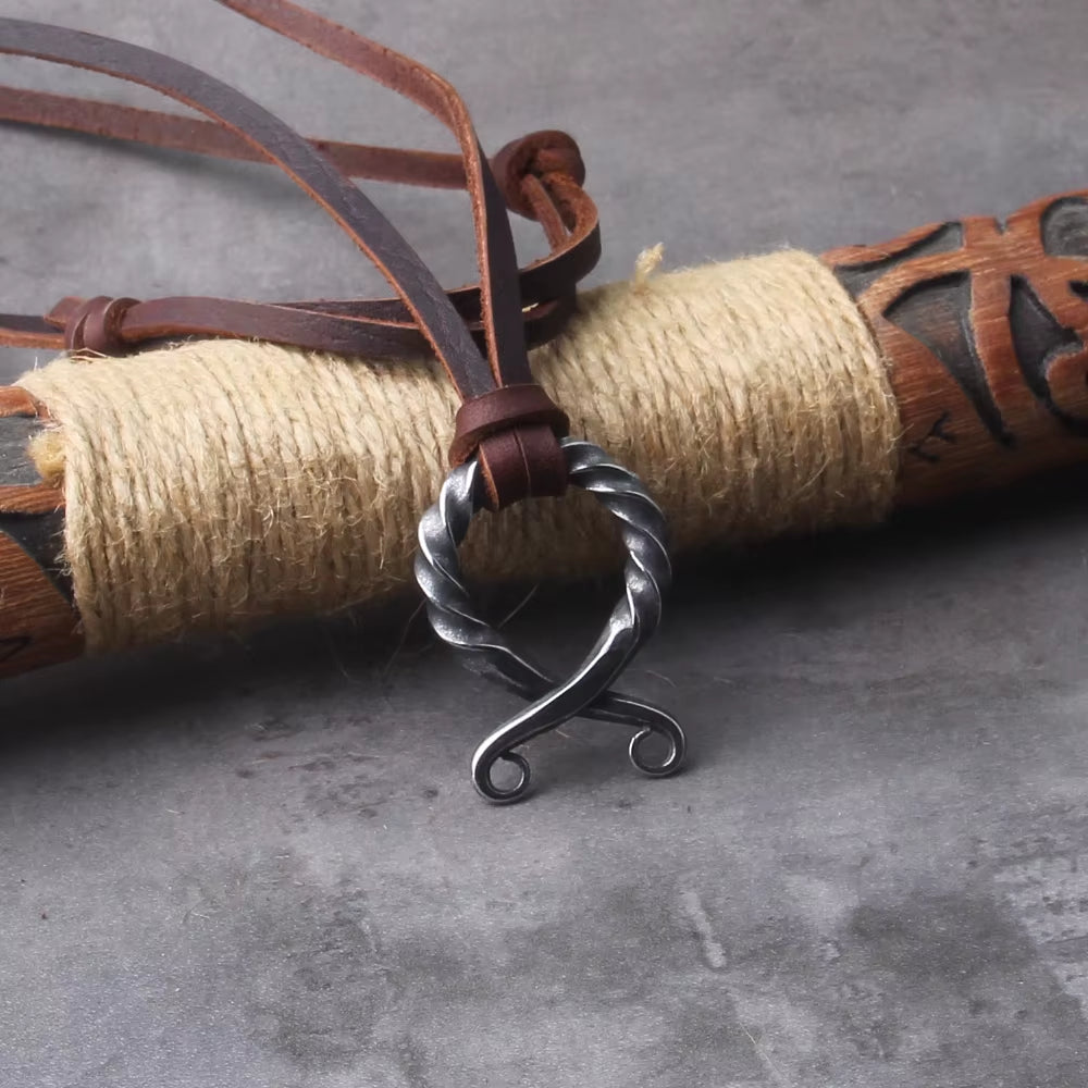 Stainless Steel Iron Color Viking Odin Rune Pendant Necklace with Really Leather Chain as Men Gift with Wooden Box