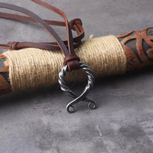 Stainless Steel Iron Color Viking Odin Rune Pendant Necklace with Really Leather Chain as Men Gift with Wooden Box