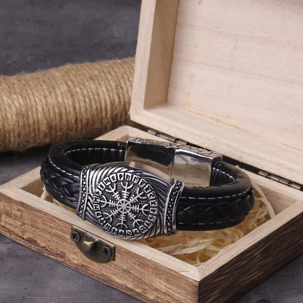 316L Stainless Steel Viking Vegvisir Compass Pendants Bangle Nose Runes Men Jewelry Odin Symbol Leather Bracelet