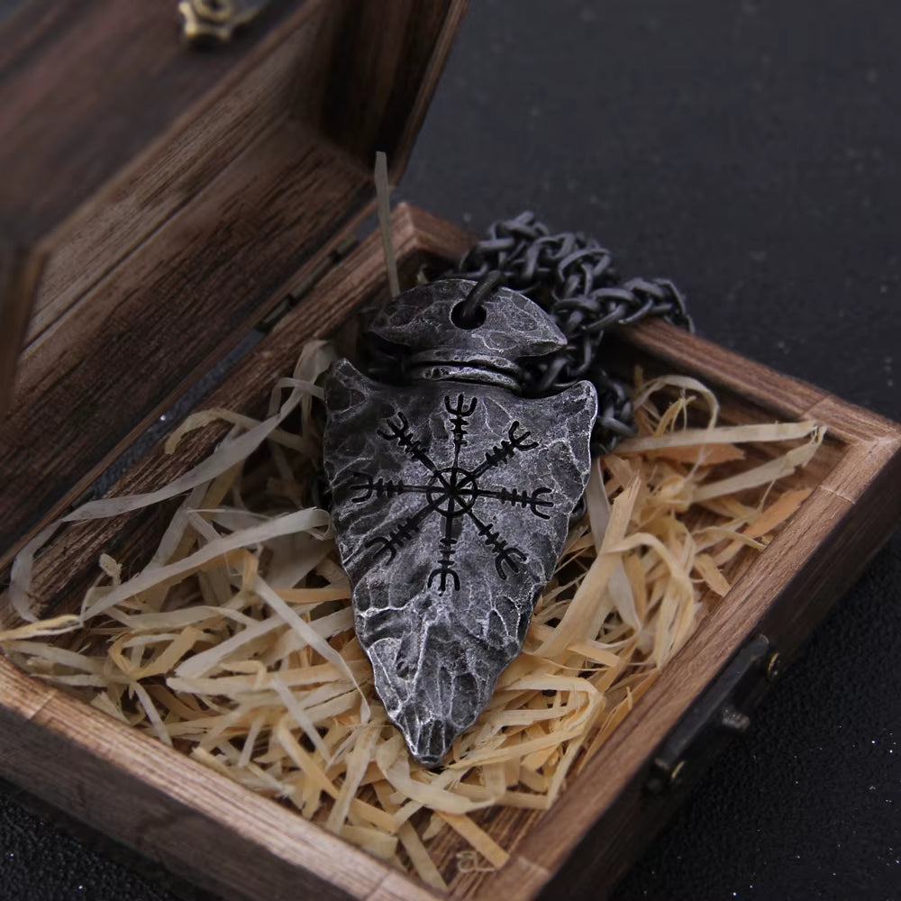 Stainless Steel Viking Dragon Spear Pendant Necklace with Really Cow Leather Chain as Men Gift with Wooden Box as Gift