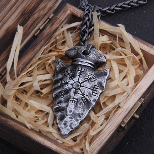Stainless Steel Viking Dragon Spear Pendant Necklace with Really Cow Leather Chain as Men Gift with Wooden Box as Gift